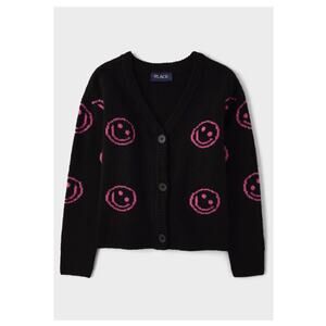 The Children’s Place Black Pink Smiley Happy Face Button Up Cardigan Size XXL 16